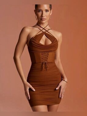 Oh Polly Noelani Halter Neck Corset Mini Dress in Brown Size 2